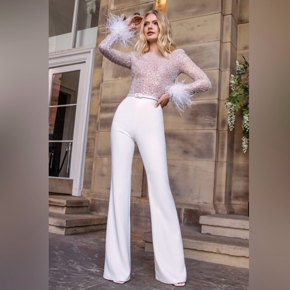 Nadine Merabi. Sparkle Feather Cuff Bodysuit & White Wide-Leg Jumpsuit Pants Set